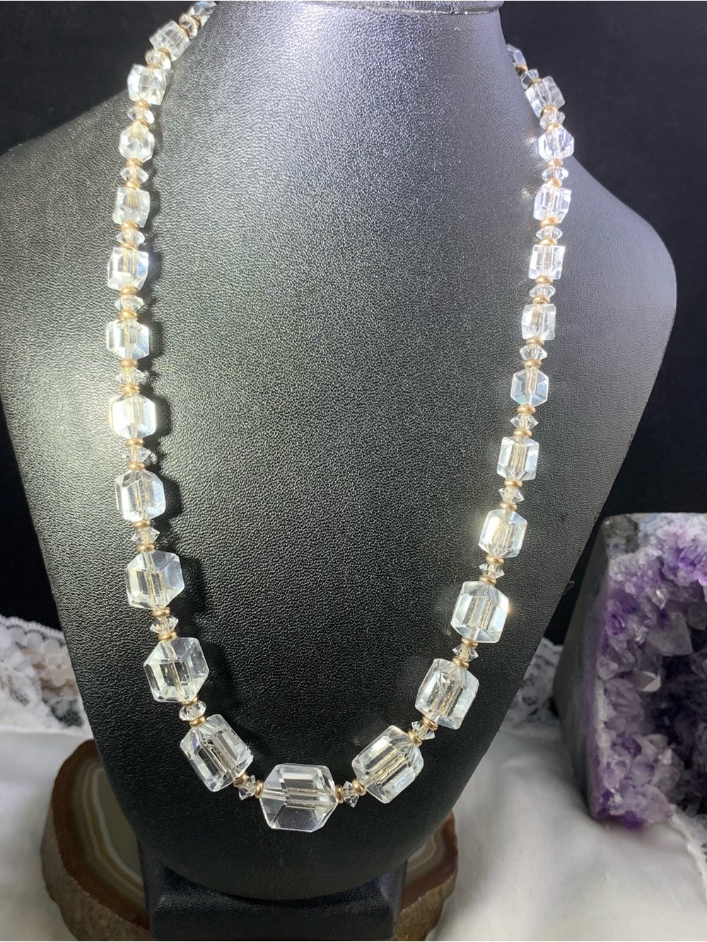 Art Deco Signed Simmons Clear Crystal Faceted Cube Necklace Gold Filled Necklace